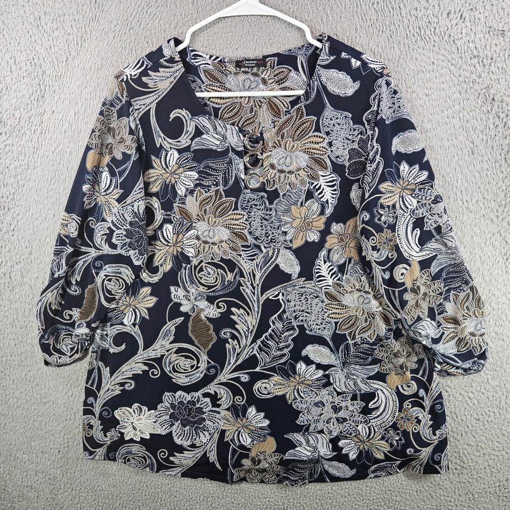 Cocomo Woman Navy Floral Paisley V-Neck Blouse with Ring Detail 3/4 Sleeve Sz 1X